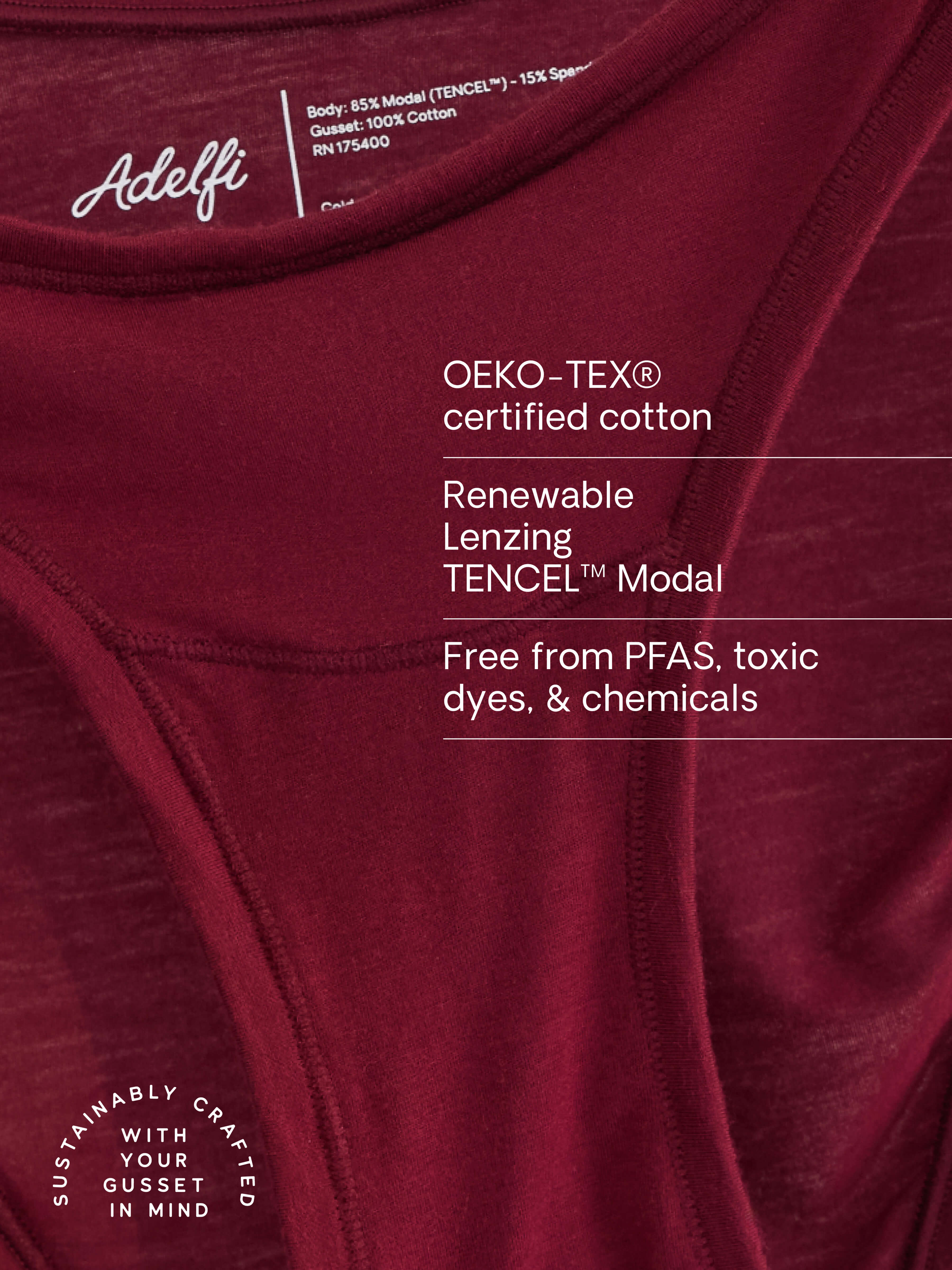 close up of gusset on merlot red pair of sustainable women's underwear 