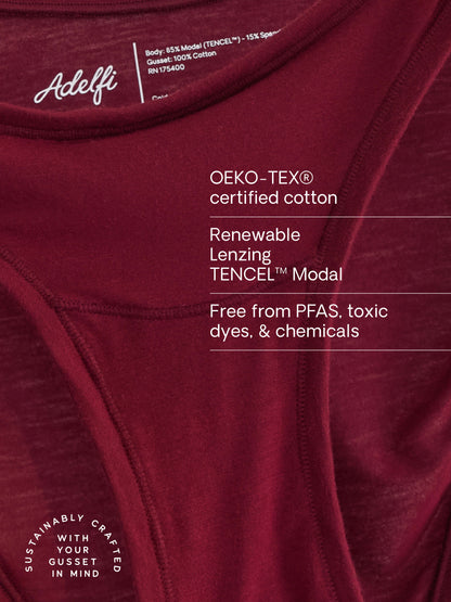 close up of gusset on merlot red pair of sustainable women's underwear 