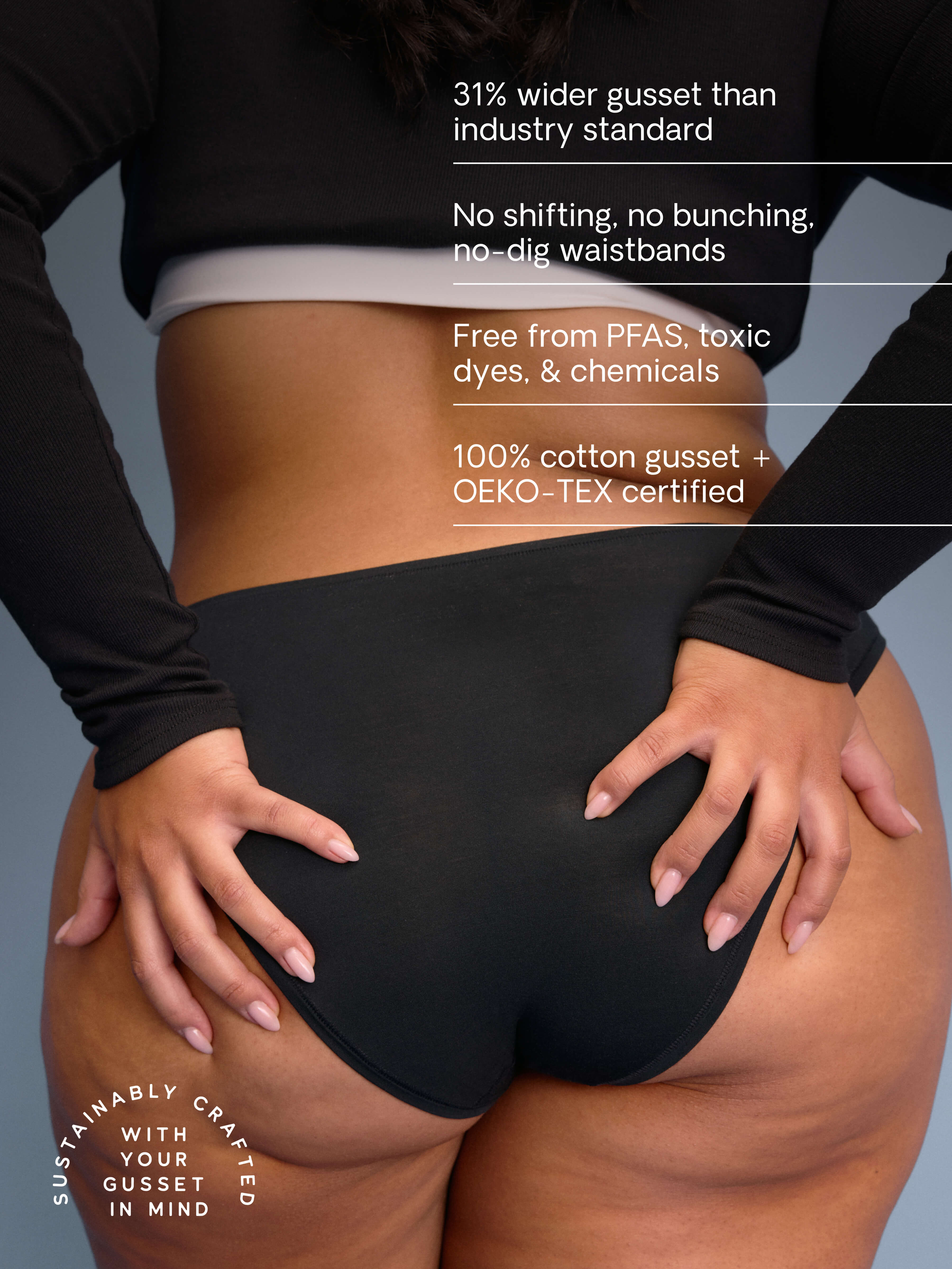 model wearing vesper black pair of sustainable non-toxic women's underwear  back view with details 