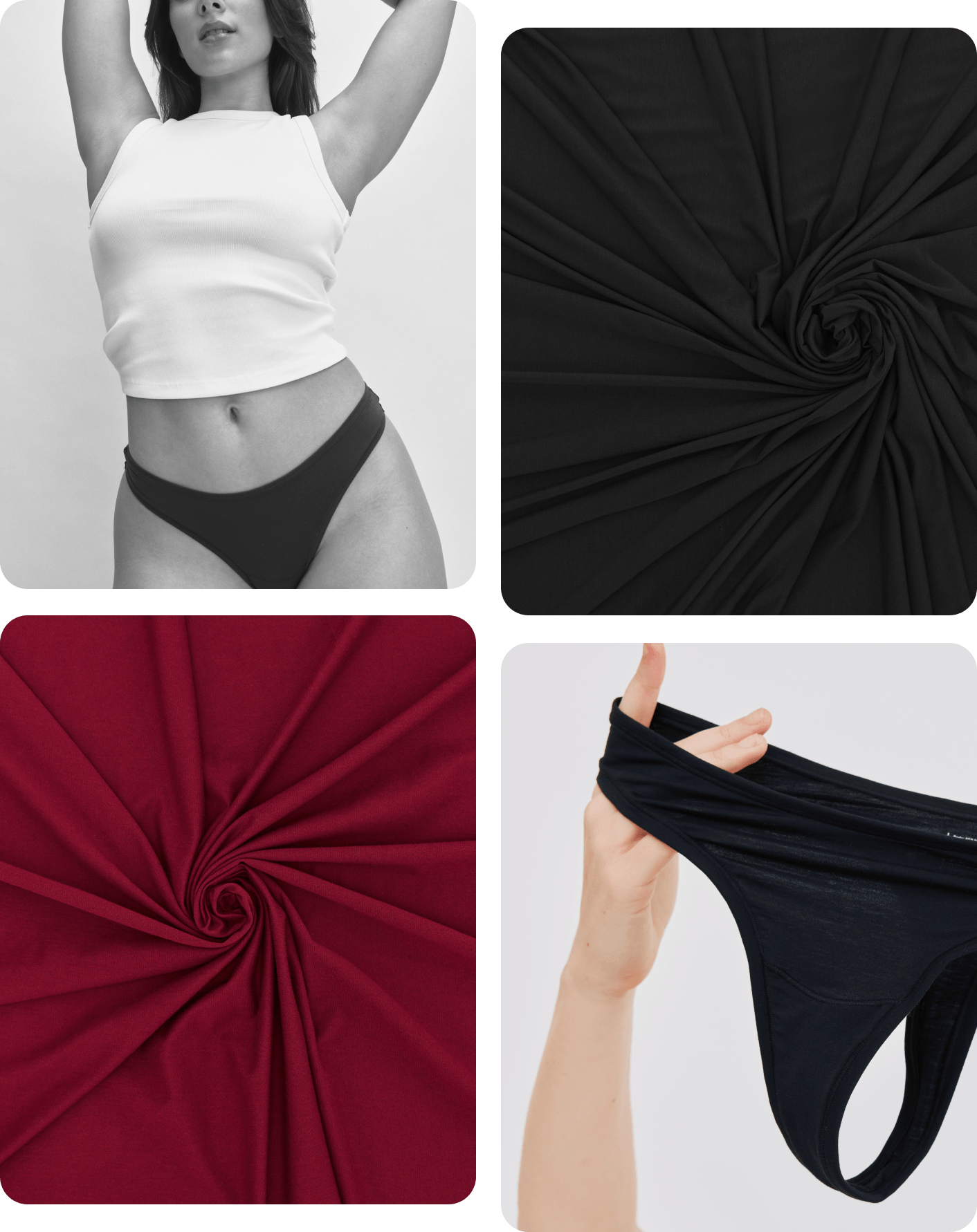 woman wearing non-toxic and sustainable underwear; underwear fabric detail; hands holding pair of black underwear