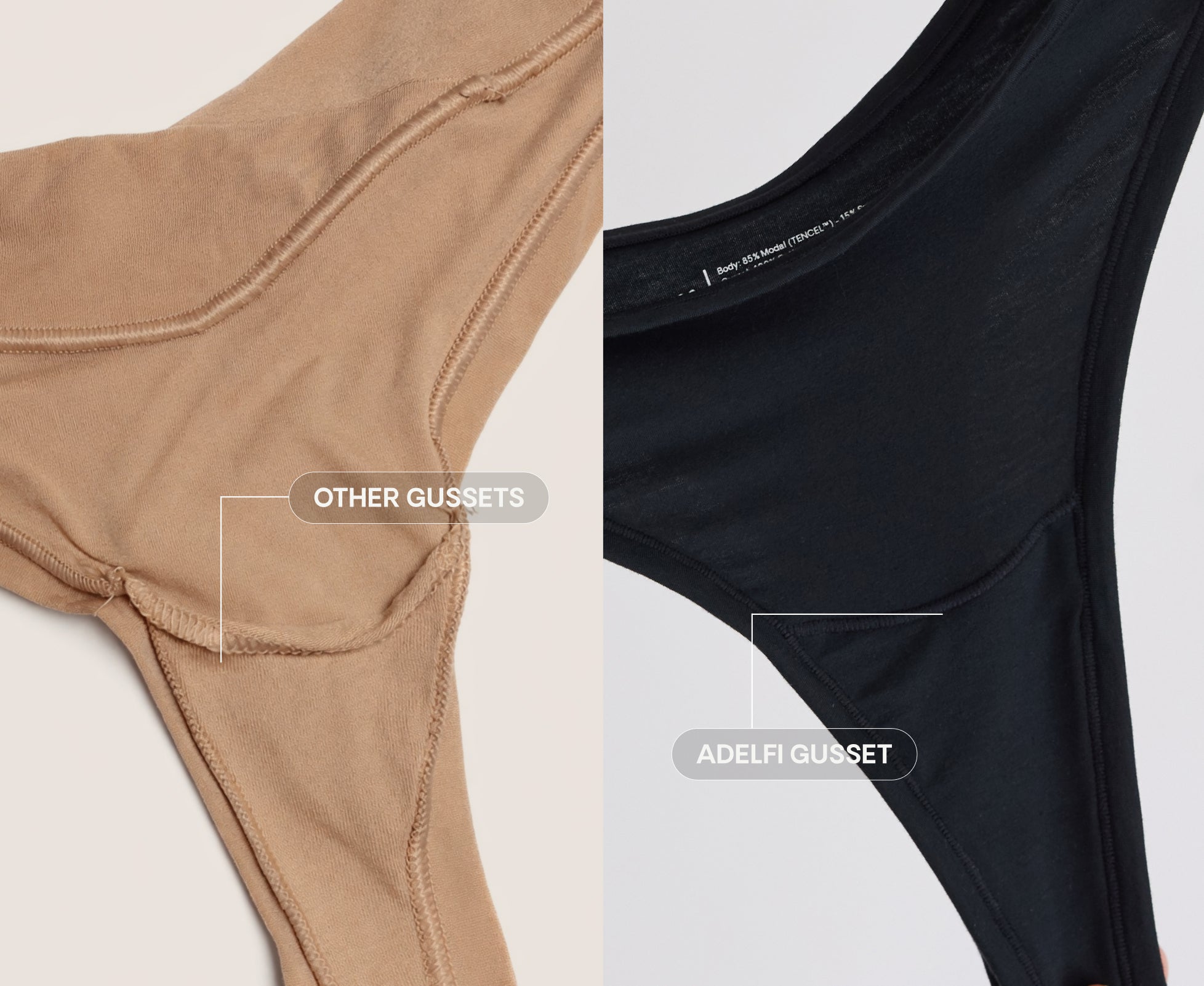 side-by-side comparison of flimsy underwear gussets vs. Adelfi underwear gusset 
