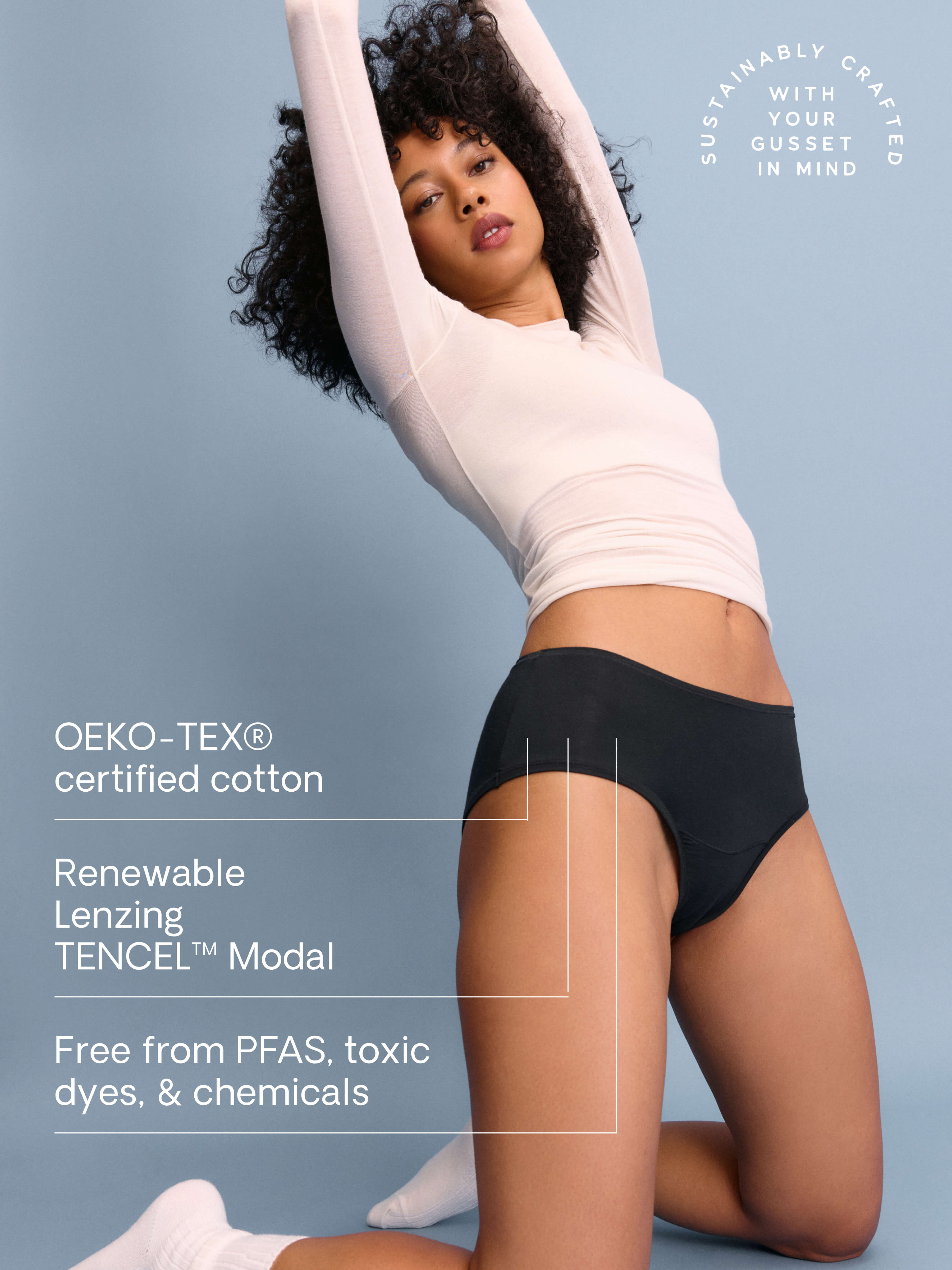 model C wearing black pair of sustainable non-toxic women's underwear with details 
